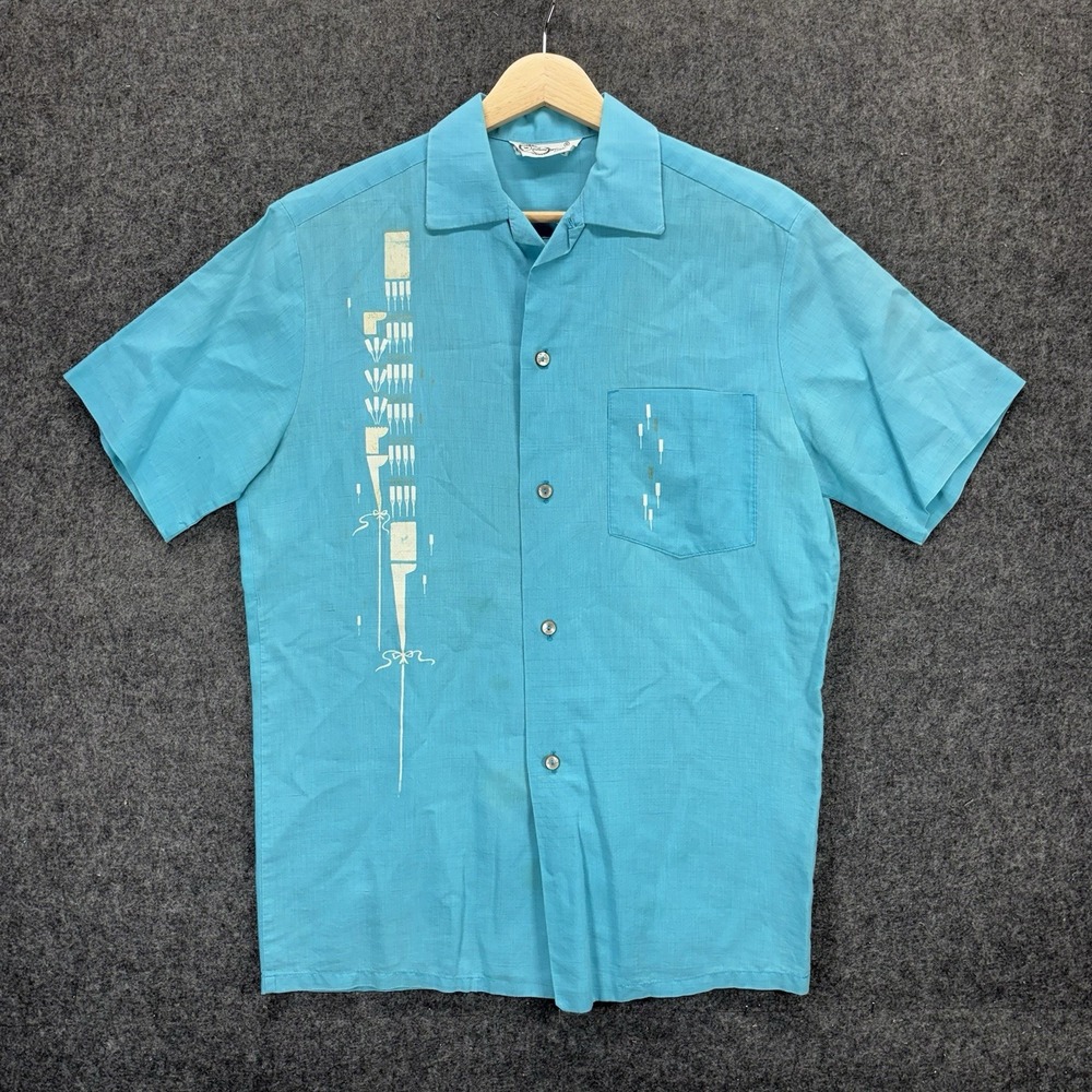 Vintage Hawaiian Aloha Shirt Men Small Blue Loop Collar Rayon 60s 50s Atomic USA